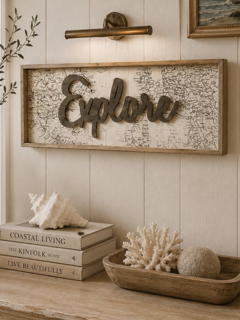 Vintage Framed "Explore" Artwork Wit Map Background Dark 3D Scripted Lettering - Picture 1 of 8